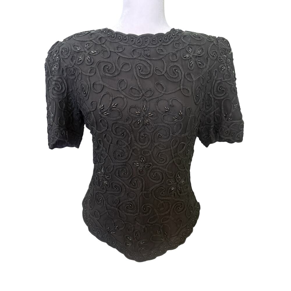 Vintage Lauarence Kazan New York Black 100% Silk Beaded Embroidery Top. PM